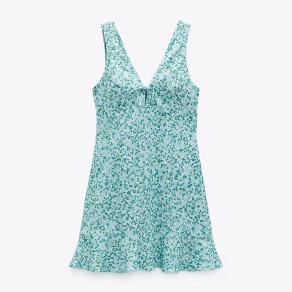Zara Blue Green Floral Print Linen Mini Tie Dress